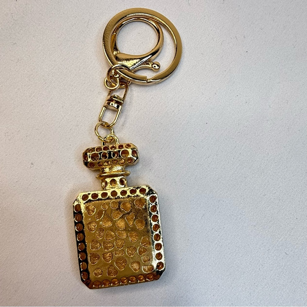 Gold and Pink Heart Perfume Bottle Rhinestone Keychain - Picture 3 of 3